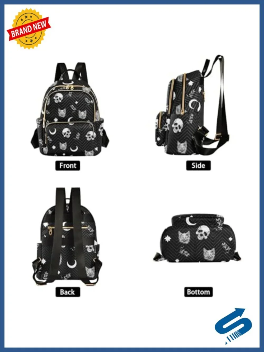 Gothic Skull Cat Moon Quilted Backpack Purse Women Travel Daypack
